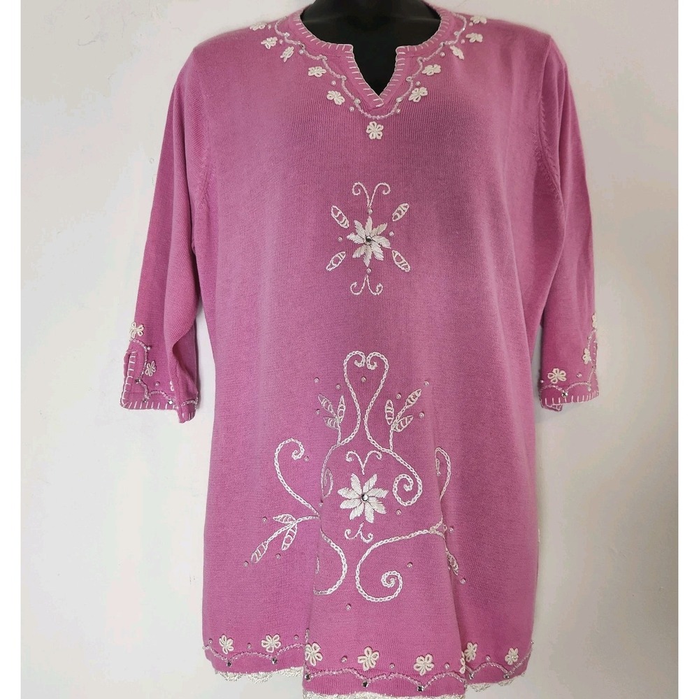 Vintage Storybook Knits 2X Pink Tunic Sweater Beaded Embroidered Grandmacore 90s